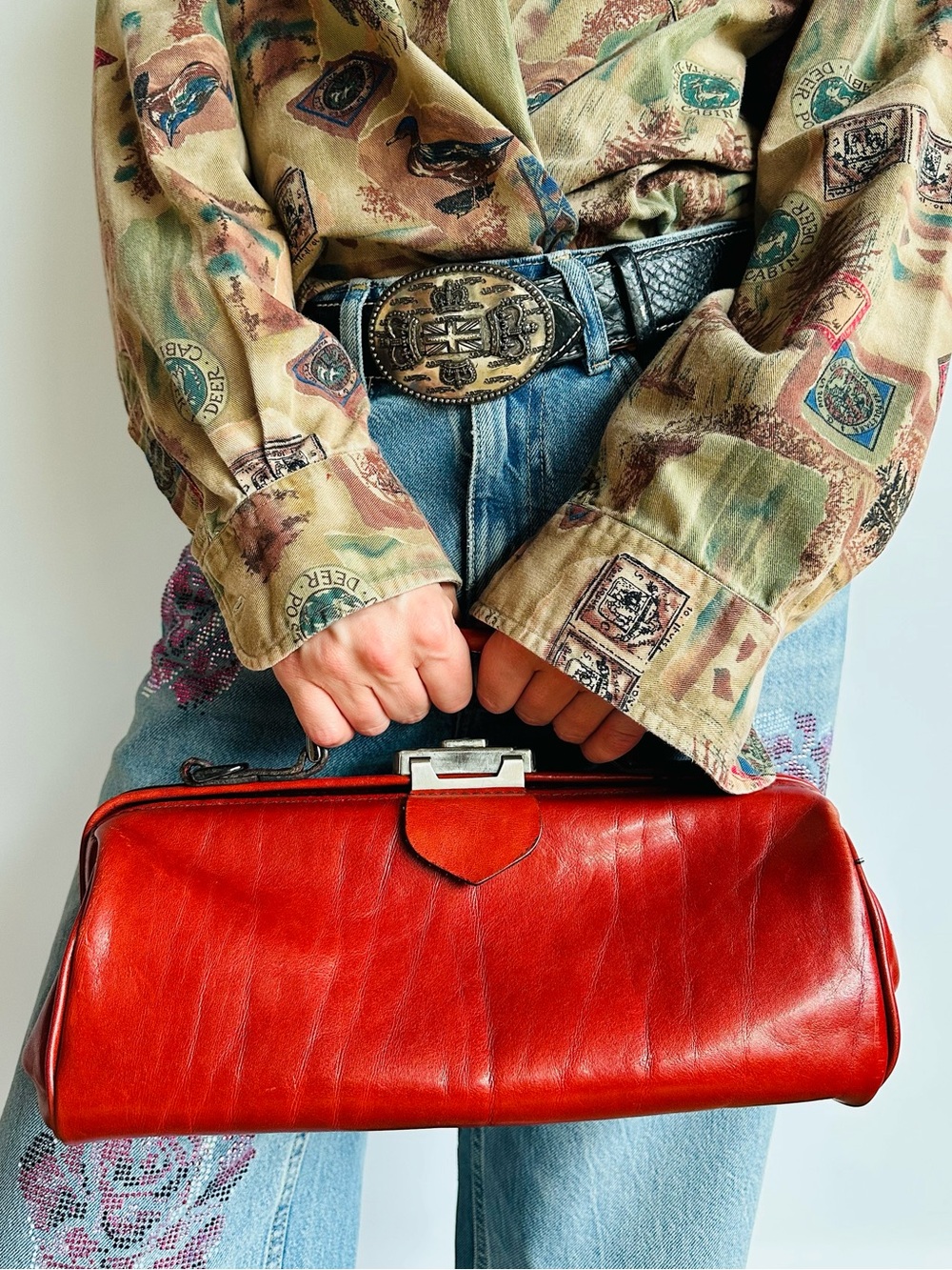 Vintage Handmade Red Boho Leather Doctor Bag Satchel Handbag Made in Holland